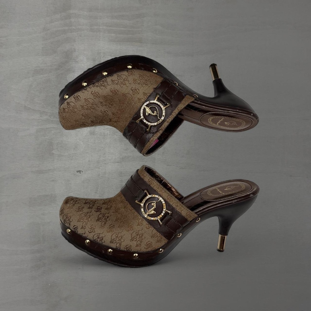 Y2K Baby Phat Monogram Vintage Platform Mules Brown Rhinestone
Heels Size 12